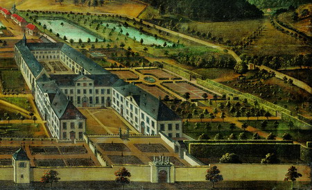 Abb. 2: Die Abbildung zeigt einen Ausschnitt aus der Vedute zu Ehren des Priors Bartholdus Schonlau (1708–1730), aus der Zeit um 1740. In der rechten Bildhälfte der perspektivisch leicht verzerrte Bereich des ehemaligen Konventgartens.