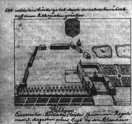 Abb. 3: Nur in dieser Zeichnung von J. C. Pyrach aus der Zeit um 1740 sind umfangreiche Broderien auf der Hauptterrasse des Konventgartens dargestellt. Da die Zeichnung aber ansonsten eindeutig an die Schonlau-Vedute angelehnt ist, läßt sich das wohl eher als phantasievolle Ausschmückung deuten. Foto: Erzbischöfliche Akademische Bibliothek, Paderborn